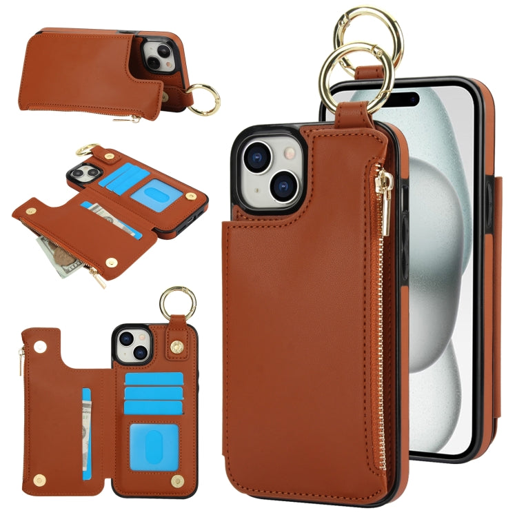 RFlD Anti-theft Double Buckle Ring Zipper Card Phone Case, For iPhone 15 Plus, For iPhone 15, For iPhone 14 Plus