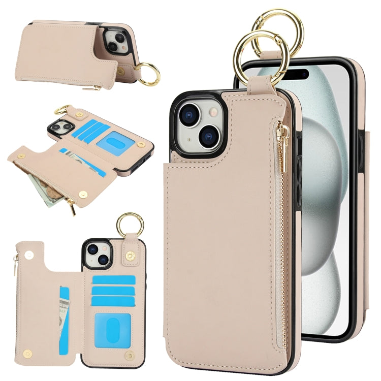 RFlD Anti-theft Double Buckle Ring Zipper Card Phone Case, For iPhone 15 Plus, For iPhone 15, For iPhone 14 Plus