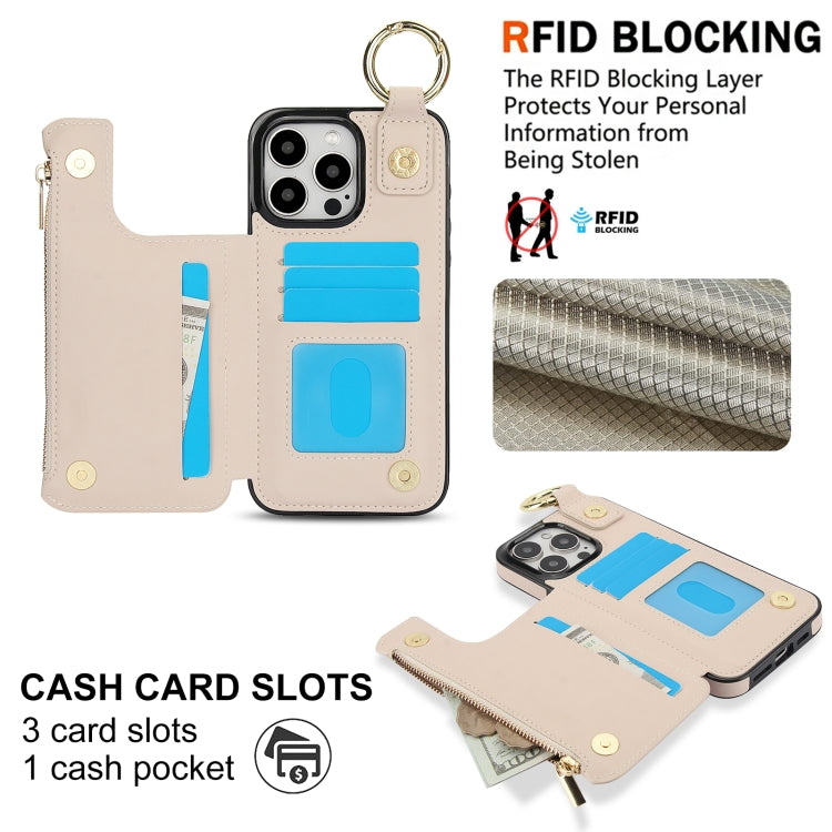 RFlD Anti-theft Double Buckle Ring Zipper Card Phone Case, For iPhone 16 Pro Max, For iPhone 16 Pro, For iPhone 16 Plus