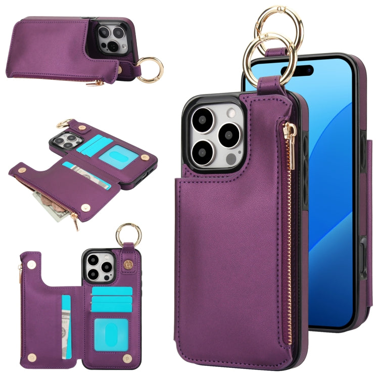 RFlD Anti-theft Double Buckle Ring Zipper Card Phone Case, For iPhone 16 Pro Max, For iPhone 16 Pro, For iPhone 16 Plus