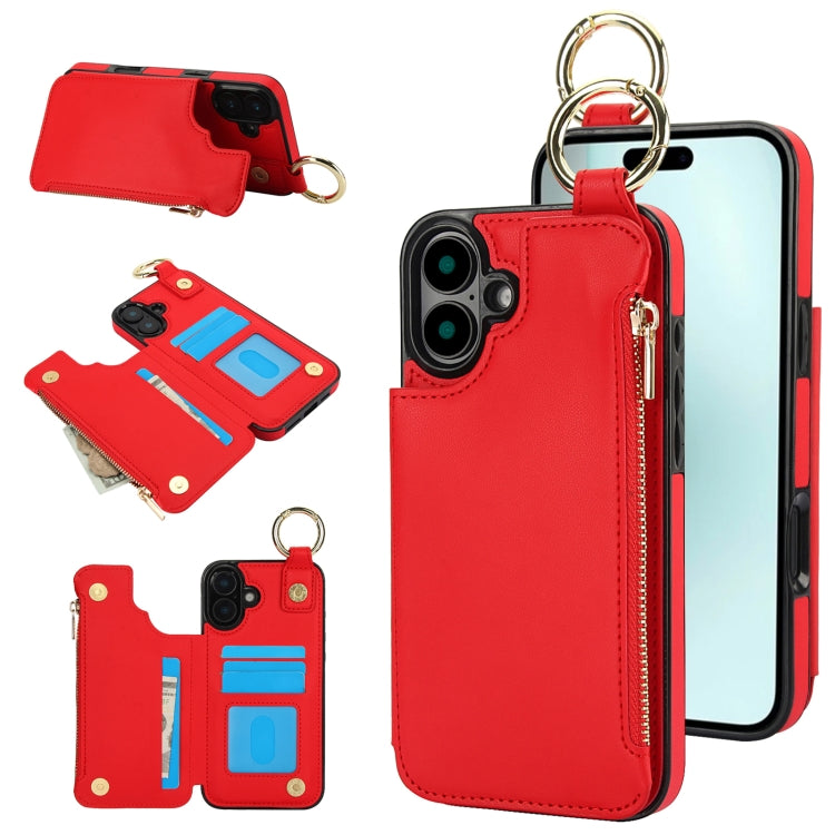 RFlD Anti-theft Double Buckle Ring Zipper Card Phone Case, For iPhone 16 Pro Max, For iPhone 16 Pro, For iPhone 16 Plus