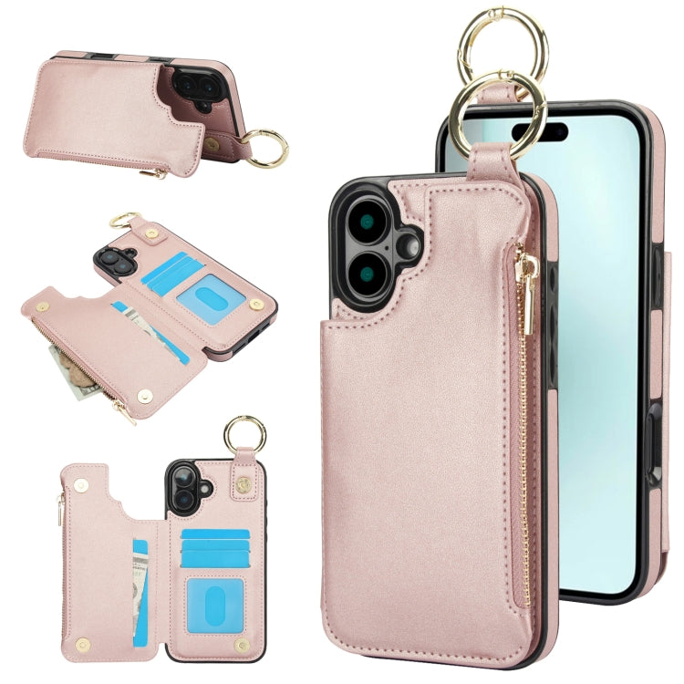 RFlD Anti-theft Double Buckle Ring Zipper Card Phone Case, For iPhone 16 Pro Max, For iPhone 16 Pro, For iPhone 16 Plus