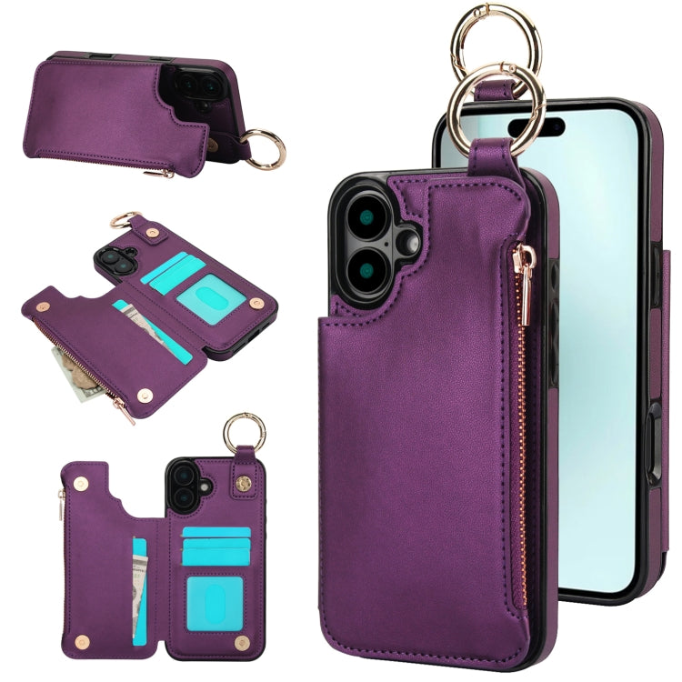 RFlD Anti-theft Double Buckle Ring Zipper Card Phone Case, For iPhone 16 Pro Max, For iPhone 16 Pro, For iPhone 16 Plus