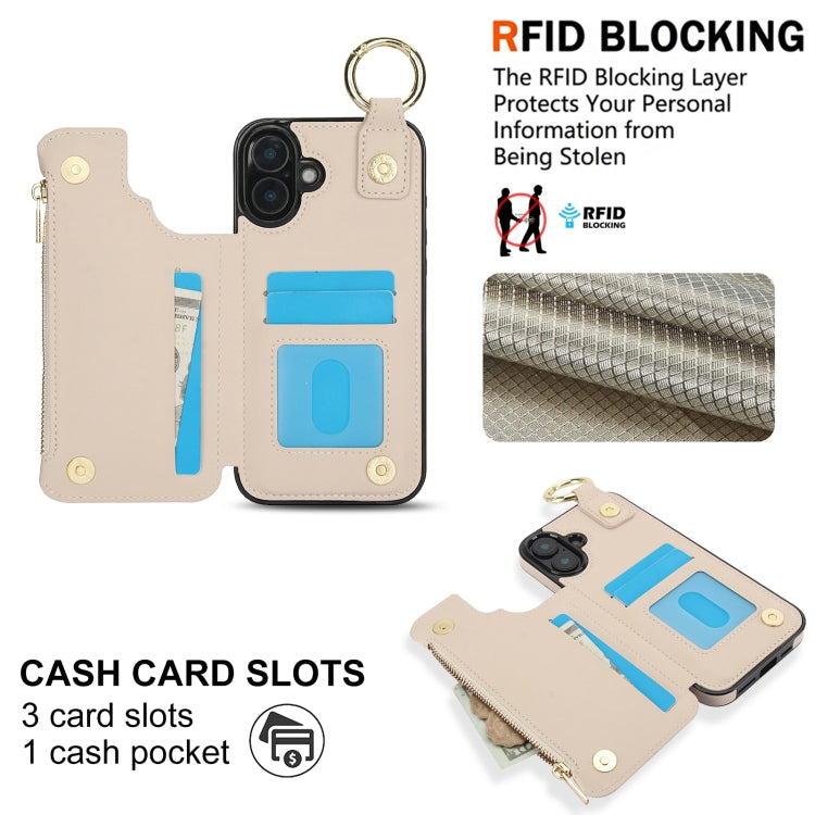 RFlD Anti-theft Double Buckle Ring Zipper Card Phone Case, For iPhone 16, For iPhone 15 Pro Max, For iPhone 15 Pro