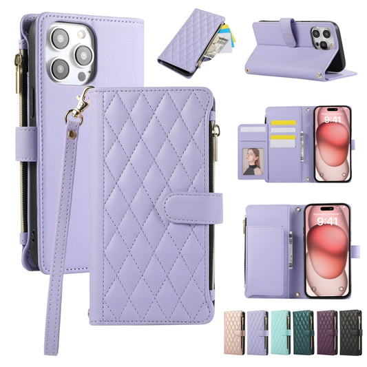 Rhombic Zipper Wallet Leather Phone Case, For iPhone 15 Pro Max, For iPhone 15 Pro, For iPhone 15 Plus, For iPhone 15