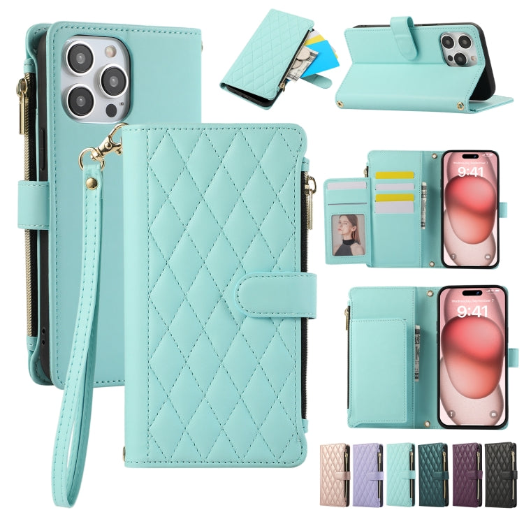 Rhombic Zipper Wallet Leather Phone Case, For iPhone 15 Pro Max, For iPhone 15 Pro, For iPhone 15 Plus, For iPhone 15