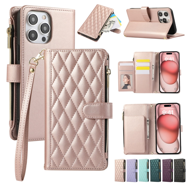 Rhombic Zipper Wallet Leather Phone Case, For iPhone 15 Pro Max, For iPhone 15 Pro, For iPhone 15 Plus, For iPhone 15