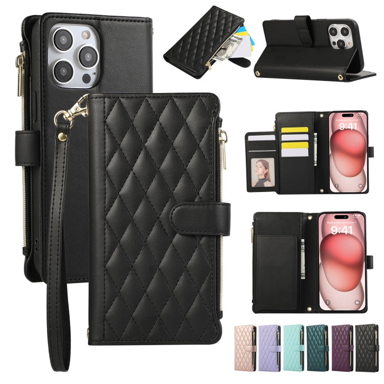 Rhombic Zipper Wallet Leather Phone Case, For iPhone 15 Pro Max, For iPhone 15 Pro, For iPhone 15 Plus, For iPhone 15