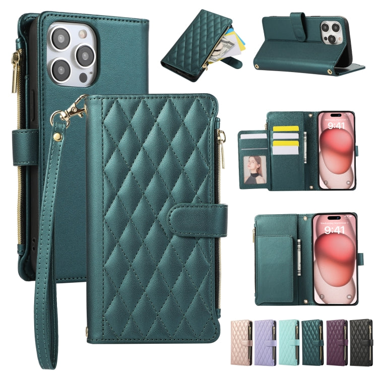 Rhombic Zipper Wallet Leather Phone Case, For iPhone 15 Pro Max, For iPhone 15 Pro, For iPhone 15 Plus, For iPhone 15
