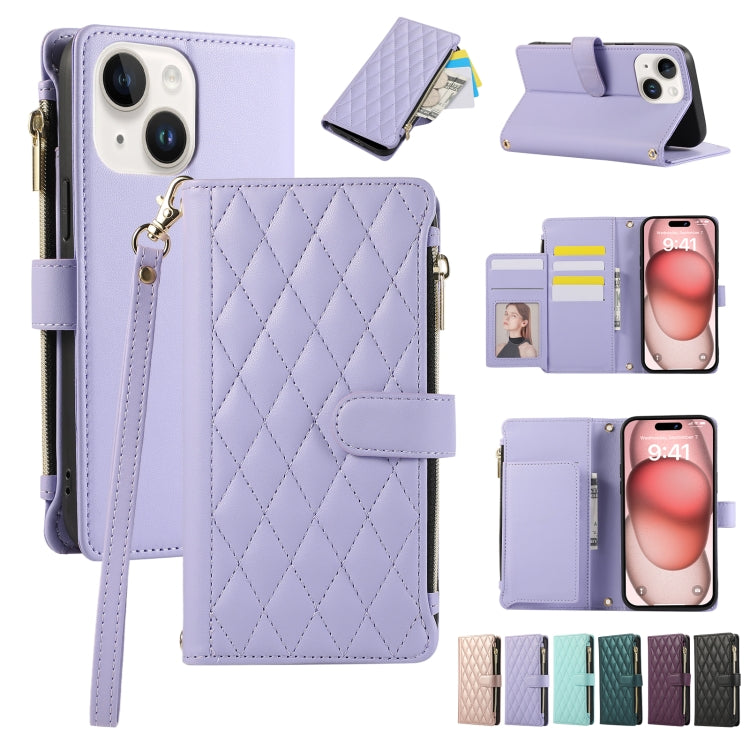 Rhombic Zipper Wallet Leather Phone Case, For iPhone 15 Pro Max, For iPhone 15 Pro, For iPhone 15 Plus, For iPhone 15