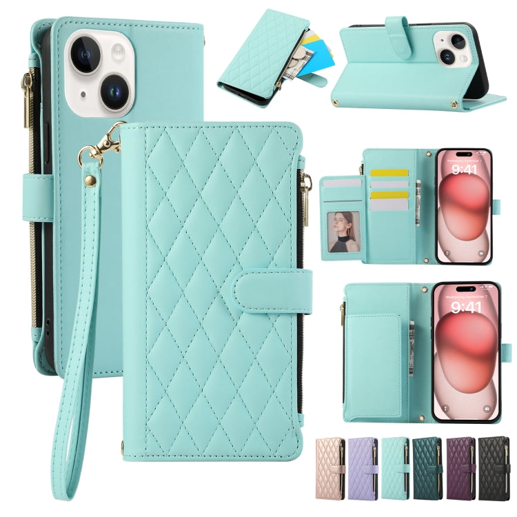 Rhombic Zipper Wallet Leather Phone Case, For iPhone 15 Pro Max, For iPhone 15 Pro, For iPhone 15 Plus, For iPhone 15