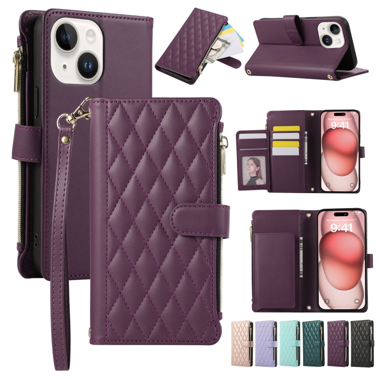 Rhombic Zipper Wallet Leather Phone Case, For iPhone 15 Pro Max, For iPhone 15 Pro, For iPhone 15 Plus, For iPhone 15