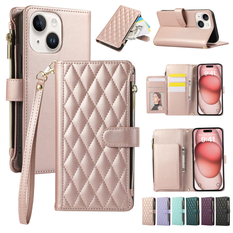 Rhombic Zipper Wallet Leather Phone Case, For iPhone 15 Pro Max, For iPhone 15 Pro, For iPhone 15 Plus, For iPhone 15