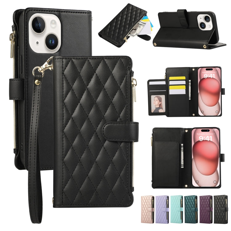 Rhombic Zipper Wallet Leather Phone Case, For iPhone 15 Pro Max, For iPhone 15 Pro, For iPhone 15 Plus, For iPhone 15