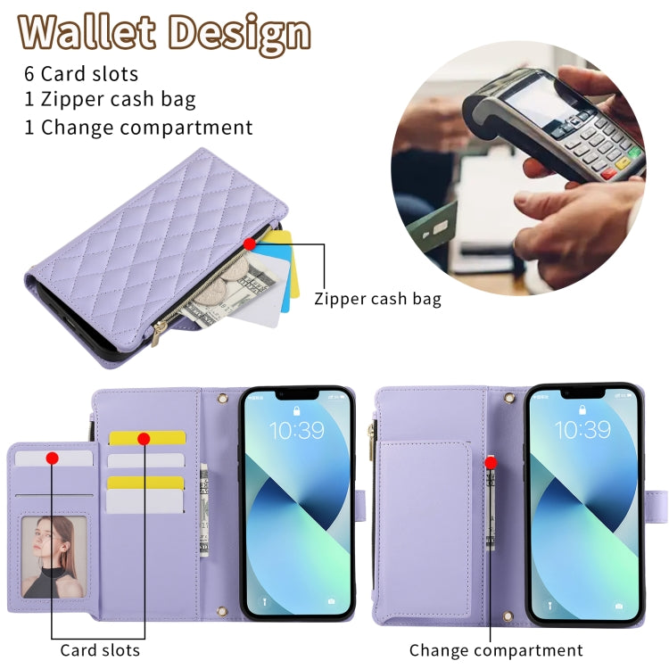 Rhombic Zipper Wallet Leather Phone Case, For iPhone 14 Plus, For iPhone 14, For iPhone 14 Pro, For iPhone 14 Pro Max