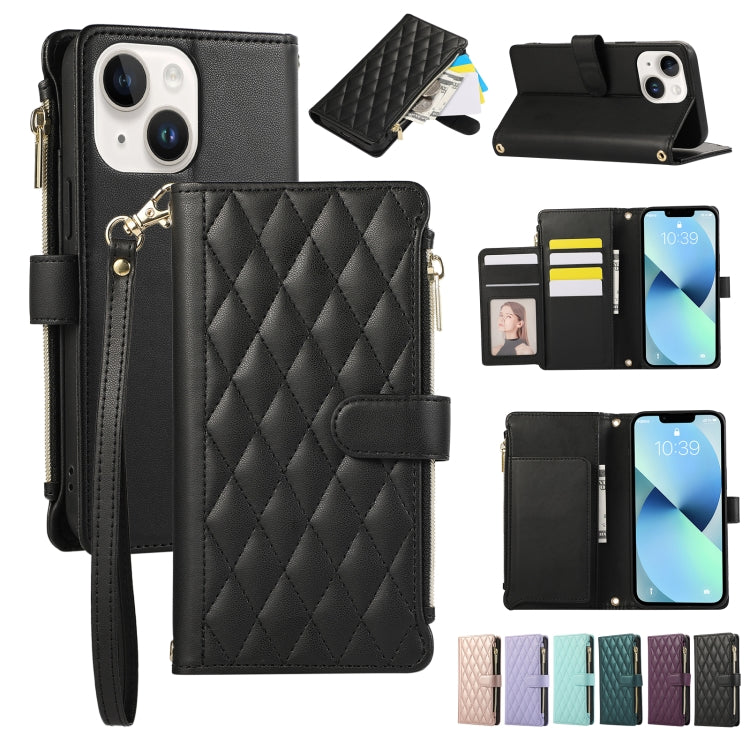 Rhombic Zipper Wallet Leather Phone Case, For iPhone 14 Plus, For iPhone 14, For iPhone 14 Pro, For iPhone 14 Pro Max