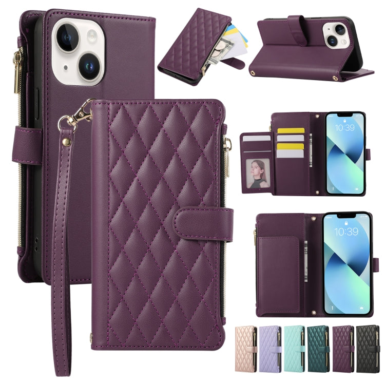 Rhombic Zipper Wallet Leather Phone Case, For iPhone 14 Plus, For iPhone 14, For iPhone 14 Pro, For iPhone 14 Pro Max