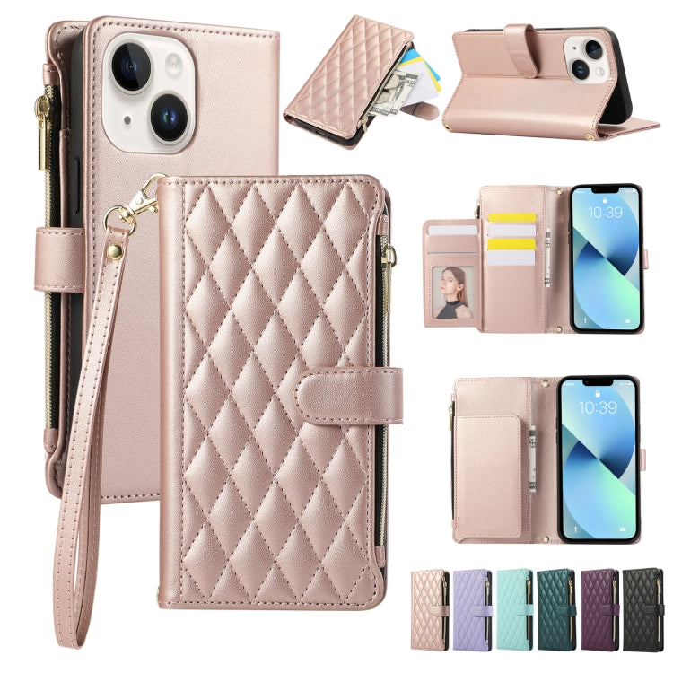 Rhombic Zipper Wallet Leather Phone Case, For iPhone 14 Plus, For iPhone 14, For iPhone 14 Pro, For iPhone 14 Pro Max