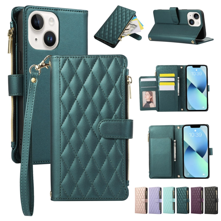 Rhombic Zipper Wallet Leather Phone Case, For iPhone 14 Plus, For iPhone 14, For iPhone 14 Pro, For iPhone 14 Pro Max