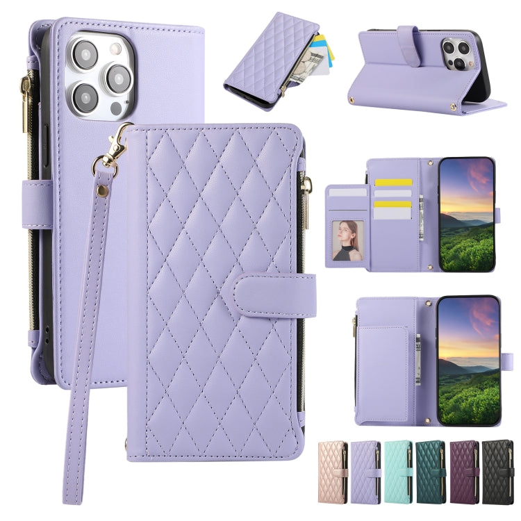 Rhombic Zipper Wallet Leather Phone Case, For iPhone 14 Plus, For iPhone 14, For iPhone 14 Pro, For iPhone 14 Pro Max