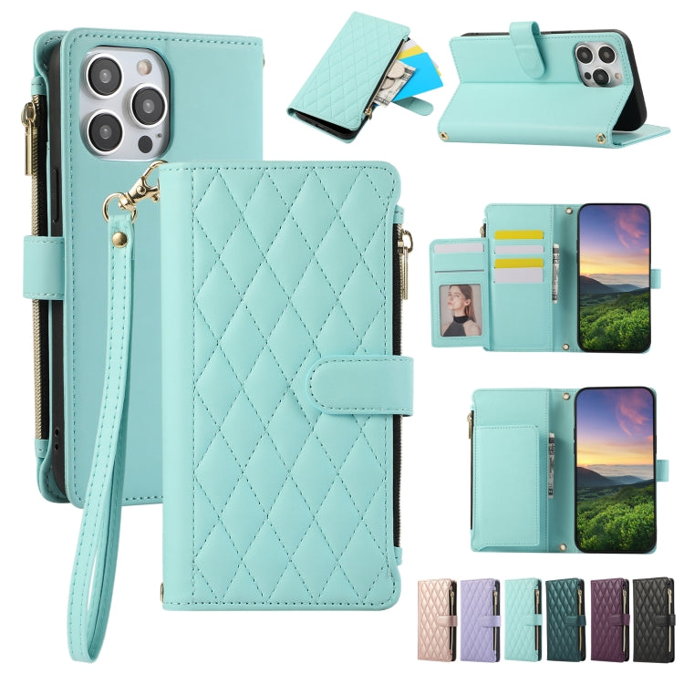 Rhombic Zipper Wallet Leather Phone Case, For iPhone 14 Plus, For iPhone 14, For iPhone 14 Pro, For iPhone 14 Pro Max