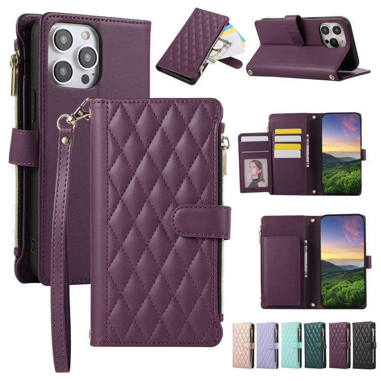 Rhombic Zipper Wallet Leather Phone Case, For iPhone 14 Plus, For iPhone 14, For iPhone 14 Pro, For iPhone 14 Pro Max
