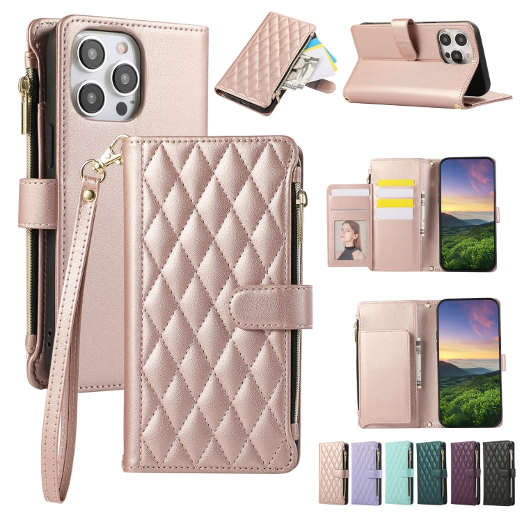 Rhombic Zipper Wallet Leather Phone Case, For iPhone 14 Plus, For iPhone 14, For iPhone 14 Pro, For iPhone 14 Pro Max