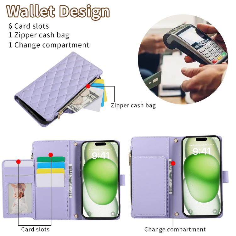 Rhombic Zipper Wallet Leather Phone Case, For iPhone 16 Pro Max, For iPhone 16 Pro, For iPhone 16 Plus, For iPhone 16