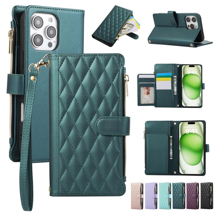 Rhombic Zipper Wallet Leather Phone Case, For iPhone 16 Pro Max, For iPhone 16 Pro, For iPhone 16 Plus, For iPhone 16