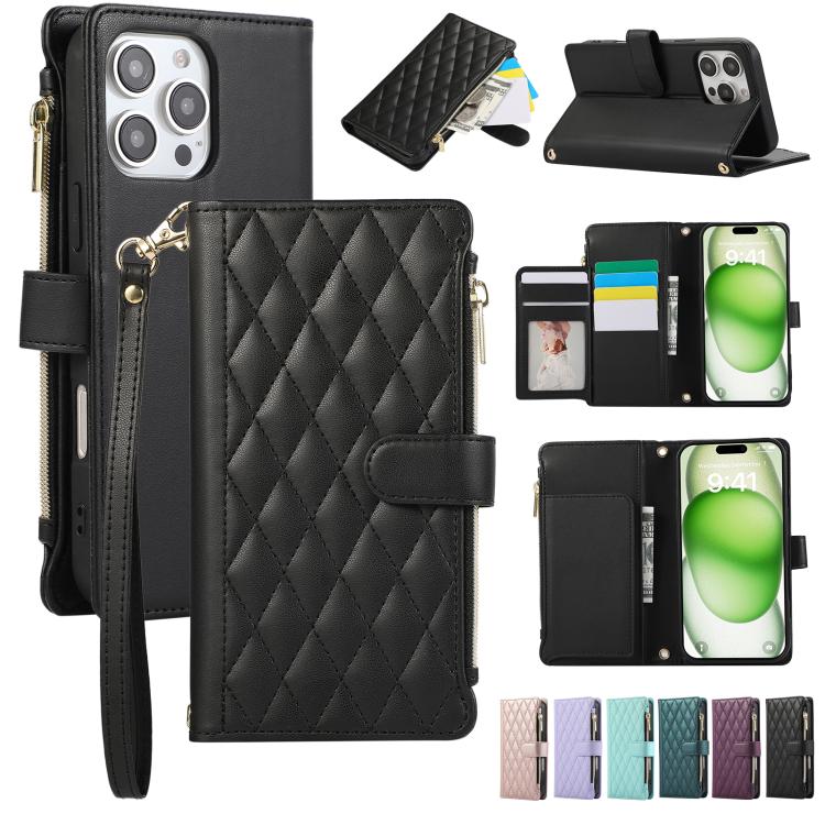 Rhombic Zipper Wallet Leather Phone Case, For iPhone 16 Pro Max, For iPhone 16 Pro, For iPhone 16 Plus, For iPhone 16