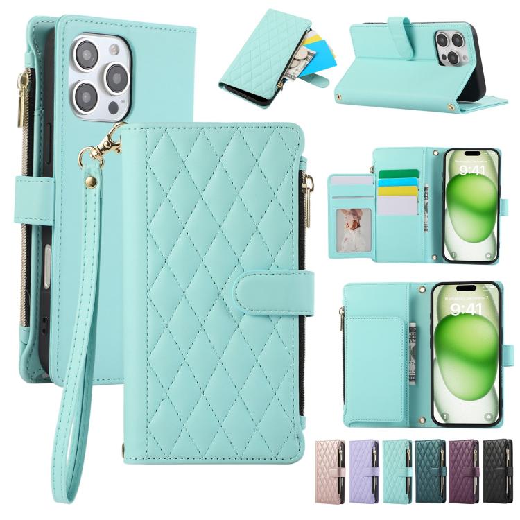 Rhombic Zipper Wallet Leather Phone Case, For iPhone 16 Pro Max, For iPhone 16 Pro, For iPhone 16 Plus, For iPhone 16