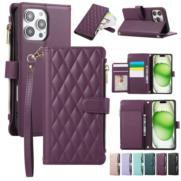 Rhombic Zipper Wallet Leather Phone Case, For iPhone 16 Pro Max, For iPhone 16 Pro, For iPhone 16 Plus, For iPhone 16