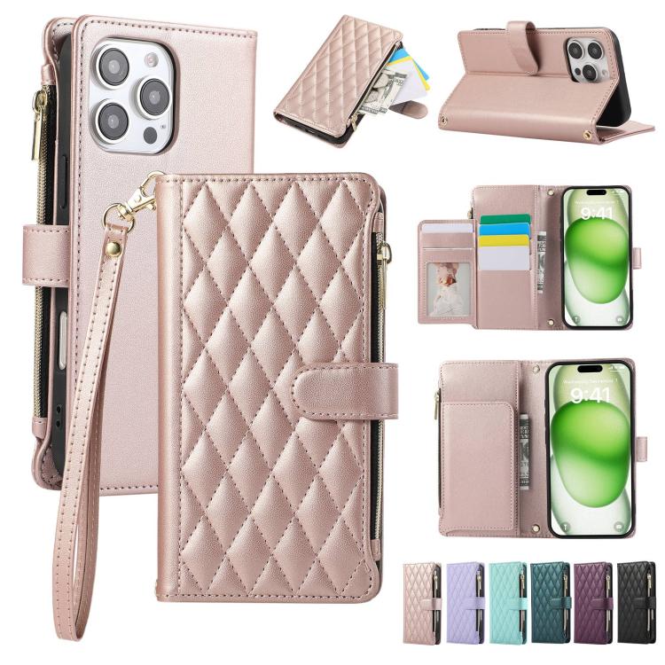 Rhombic Zipper Wallet Leather Phone Case, For iPhone 16 Pro Max, For iPhone 16 Pro, For iPhone 16 Plus, For iPhone 16