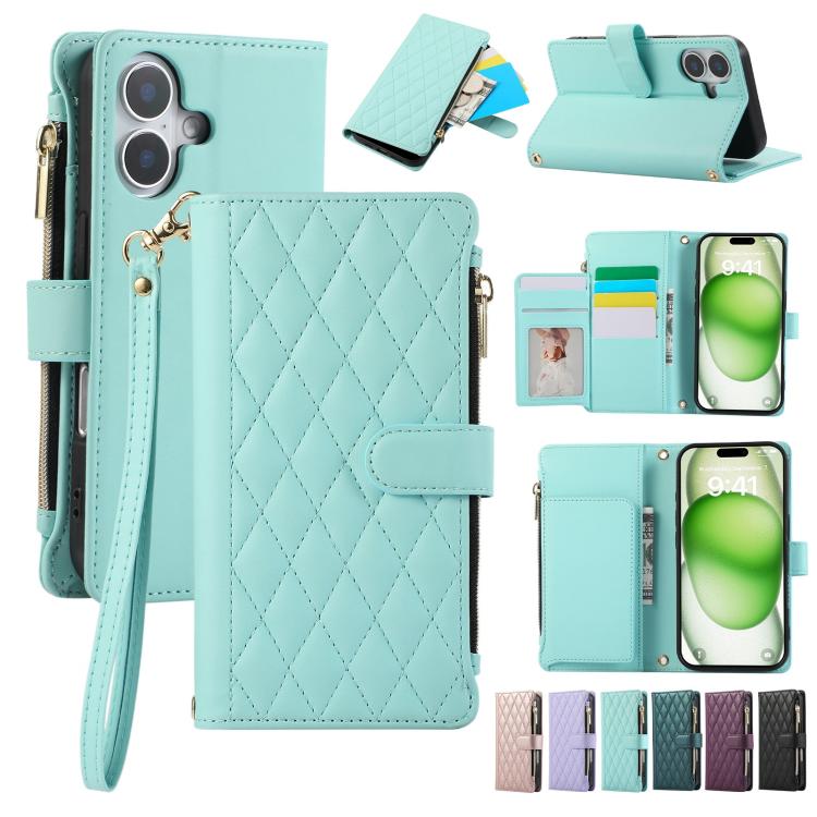 Rhombic Zipper Wallet Leather Phone Case, For iPhone 16 Pro Max, For iPhone 16 Pro, For iPhone 16 Plus, For iPhone 16