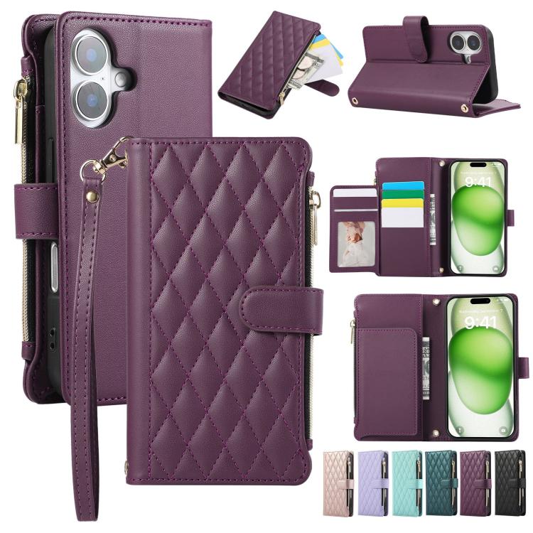 Rhombic Zipper Wallet Leather Phone Case, For iPhone 16 Pro Max, For iPhone 16 Pro, For iPhone 16 Plus, For iPhone 16