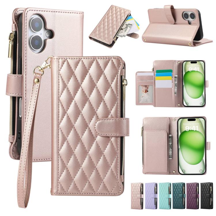 Rhombic Zipper Wallet Leather Phone Case, For iPhone 16 Pro Max, For iPhone 16 Pro, For iPhone 16 Plus, For iPhone 16