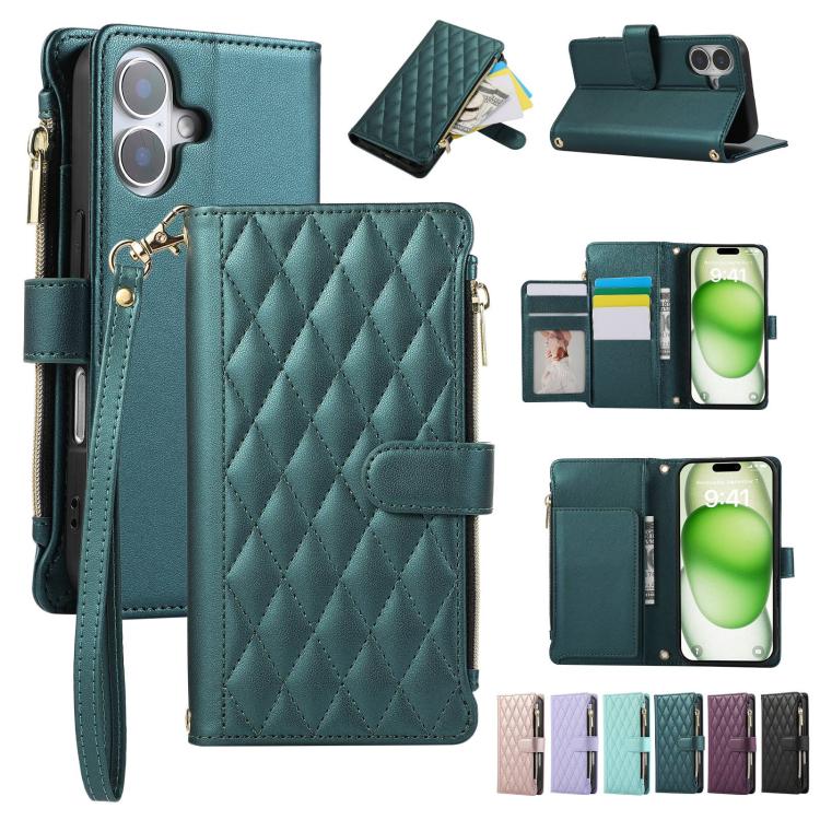 Rhombic Zipper Wallet Leather Phone Case, For iPhone 16 Pro Max, For iPhone 16 Pro, For iPhone 16 Plus, For iPhone 16