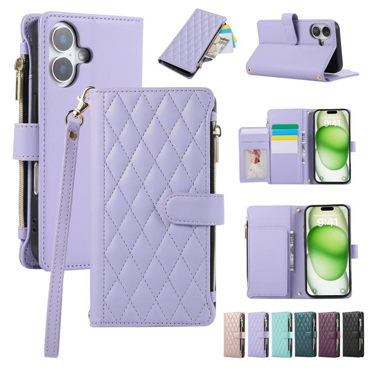 Rhombic Zipper Wallet Leather Phone Case, For iPhone 16 Pro Max, For iPhone 16 Pro, For iPhone 16 Plus, For iPhone 16