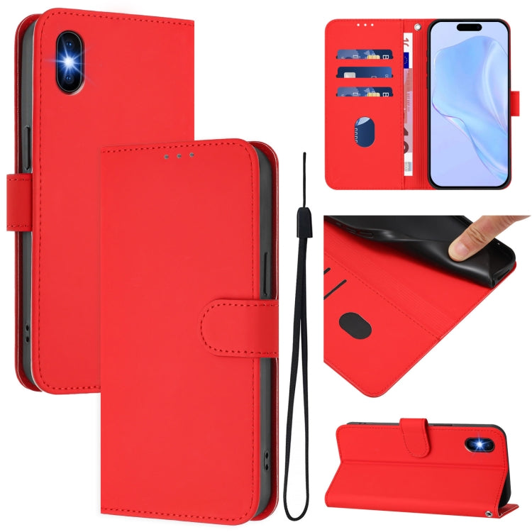 Skin Feel Solid Color Leather Phone Case with Lanyard