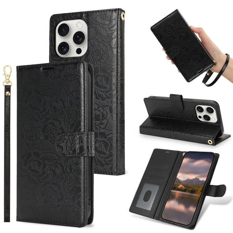 Peony Flowers Imprint Leather Phone Case, For iPhone 16 Pro Max, For iPhone 16 Pro, For iPhone 16 Plus, For iPhone 16