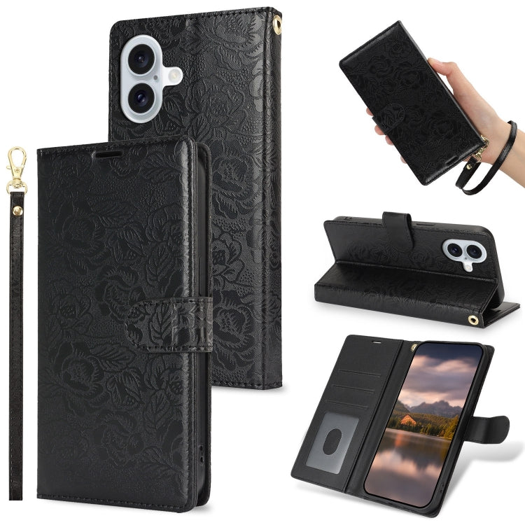 Peony Flowers Imprint Leather Phone Case, For iPhone 16 Pro Max, For iPhone 16 Pro, For iPhone 16 Plus, For iPhone 16