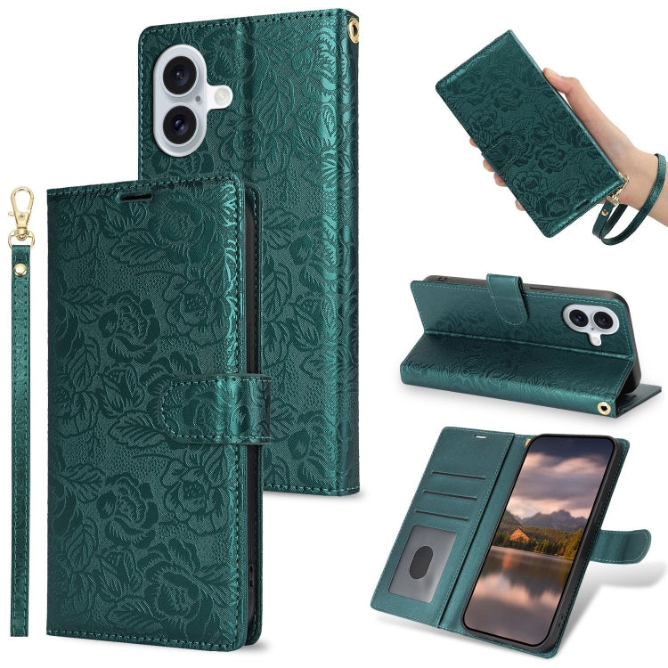 Peony Flowers Imprint Leather Phone Case, For iPhone 16 Pro Max, For iPhone 16 Pro, For iPhone 16 Plus, For iPhone 16