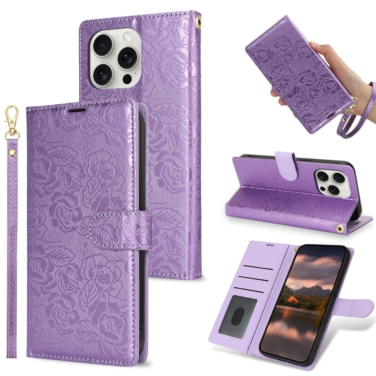 Peony Flowers Imprint Leather Phone Case, For iPhone 15 Pro Max, For iPhone 15 Pro, For iPhone 15 Plus, For iPhone 15
