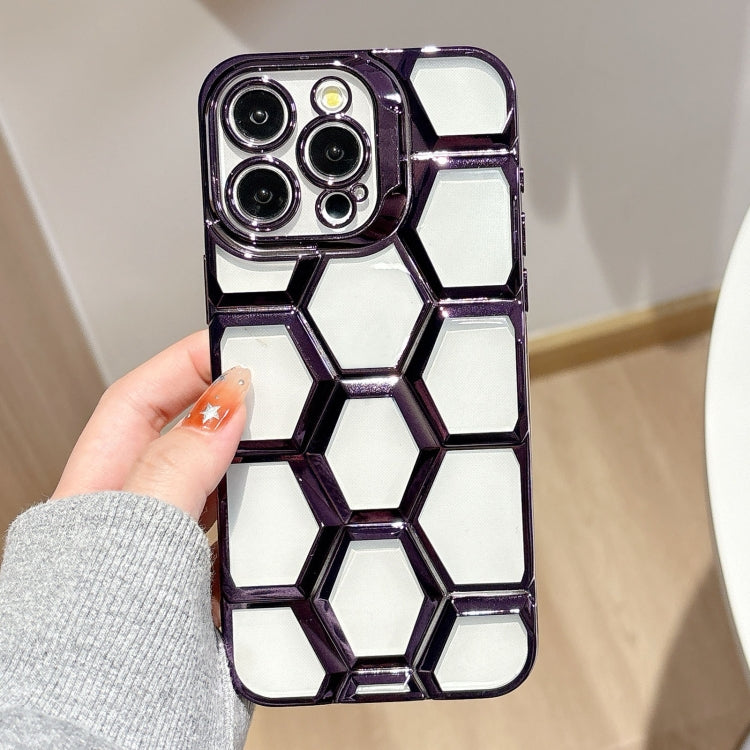 Electroplating Laser Engraving 3D Honeycomb Clear TPU Phone Case, For iPhone 15 Pro Max, For iPhone 15 Pro, For iPhone 15, For iPhone 14