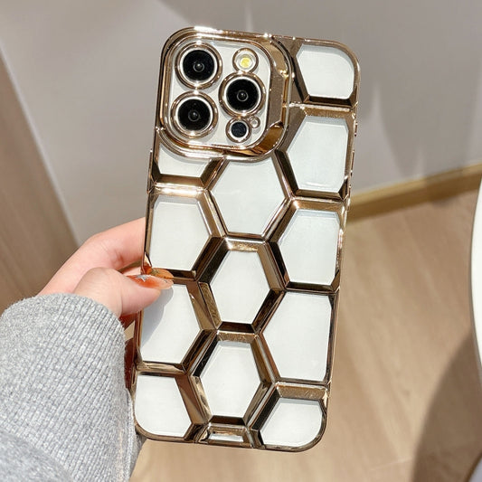 Electroplating Laser Engraving 3D Honeycomb Clear TPU Phone Case, For iPhone 15 Pro Max, For iPhone 15 Pro, For iPhone 15, For iPhone 14