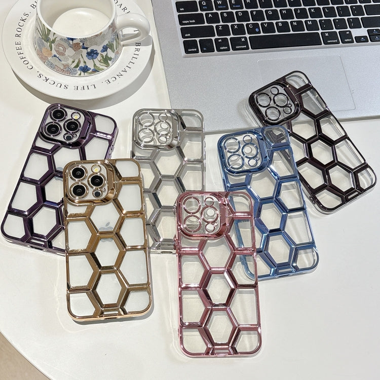 Electroplating Laser Engraving 3D Honeycomb Clear TPU Phone Case, For iPhone 15 Pro Max, For iPhone 15 Pro, For iPhone 15, For iPhone 14