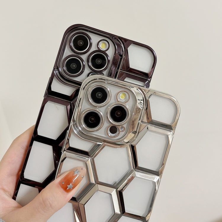 Electroplating Laser Engraving 3D Honeycomb Clear TPU Phone Case, For iPhone 15 Pro Max, For iPhone 15 Pro, For iPhone 15, For iPhone 14