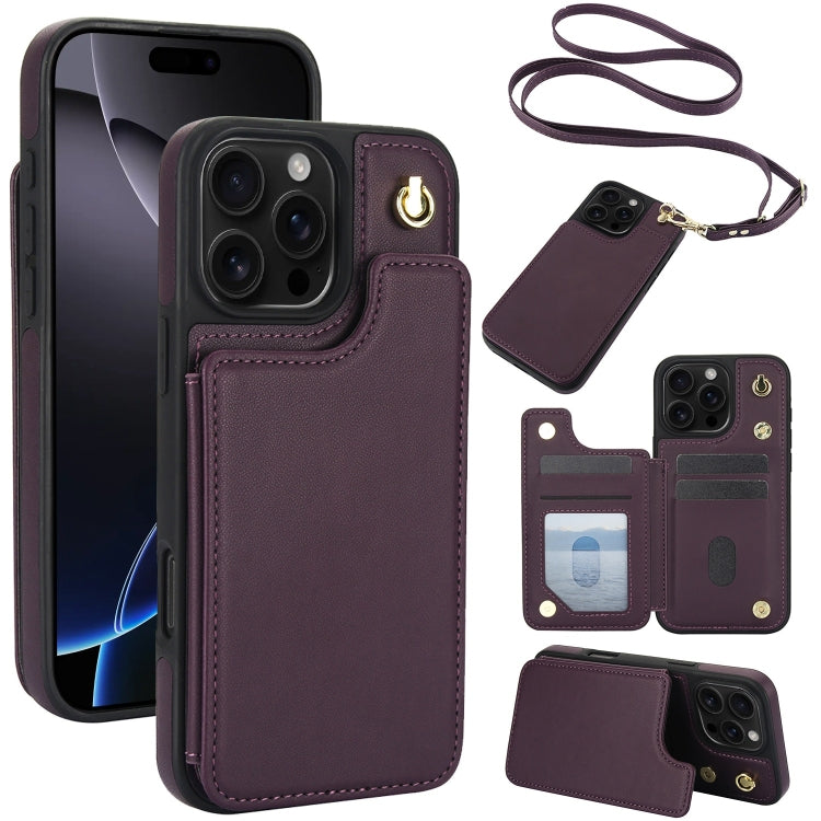 Crossbody Dual-Buckle Wallet Back Leather Phone Case, For iPhone 16 Pro Max, For iPhone 16 Pro, For iPhone 16 Plus, For iPhone 16