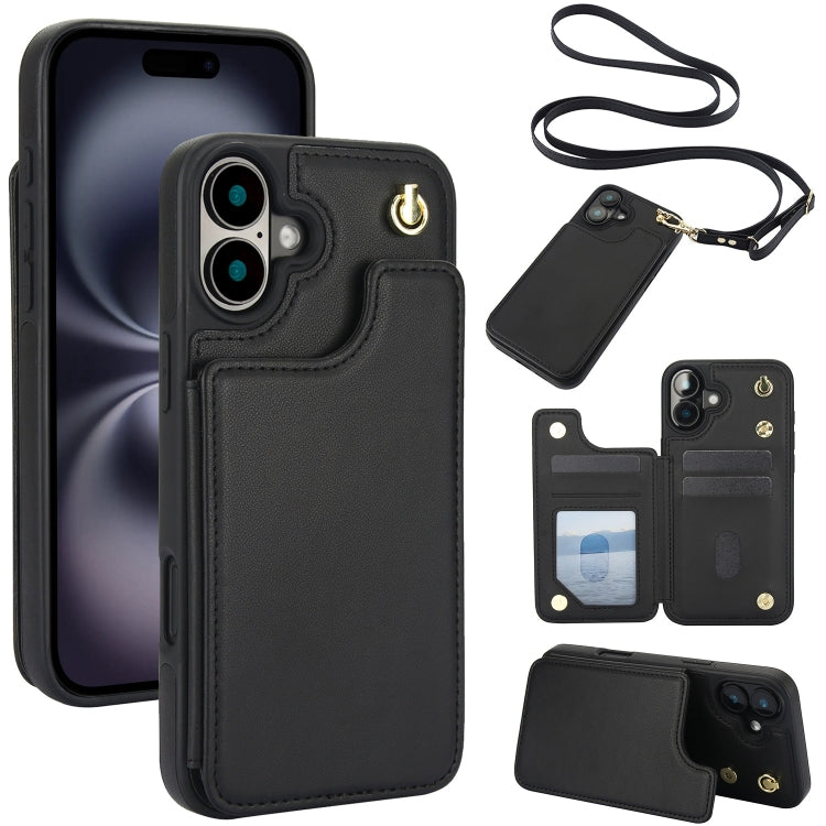 Crossbody Dual-Buckle Wallet Back Leather Phone Case, For iPhone 16 Pro Max, For iPhone 16 Pro, For iPhone 16 Plus, For iPhone 16