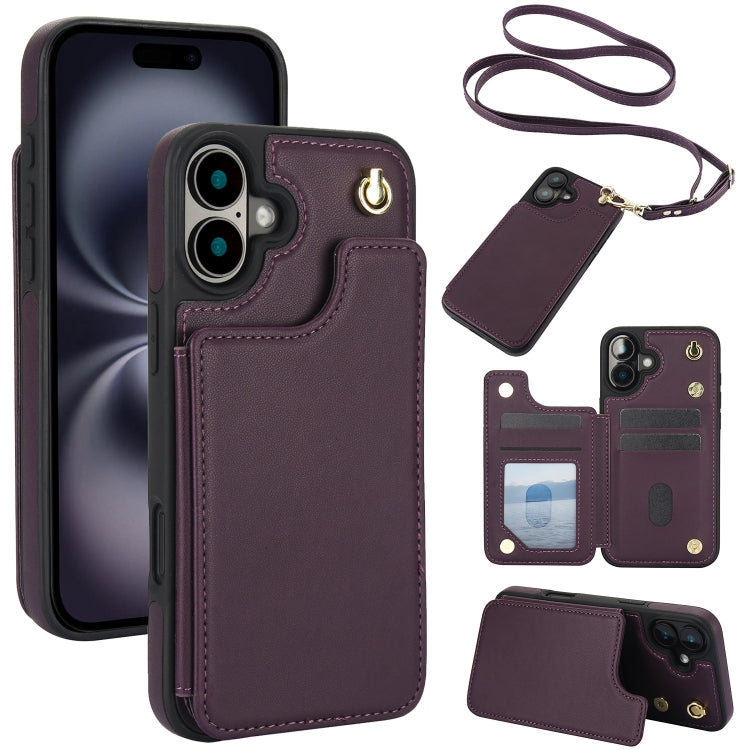 Crossbody Dual-Buckle Wallet Back Leather Phone Case, For iPhone 16 Pro Max, For iPhone 16 Pro, For iPhone 16 Plus, For iPhone 16